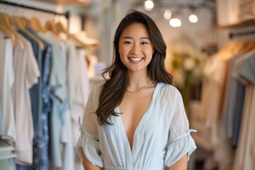 Smiling woman in a vibrant orange top, standing confidently in a stylish boutique.