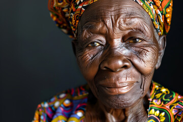 Close-up portrait of elderly African woman, studio photo