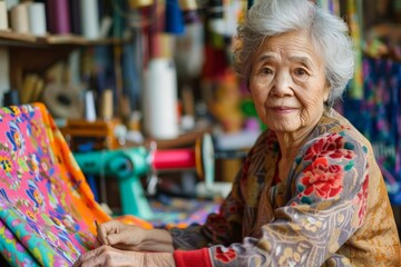 Elderly woman working with a sewing machine, surrounded by colorful fabrics in a vibrant workshop.