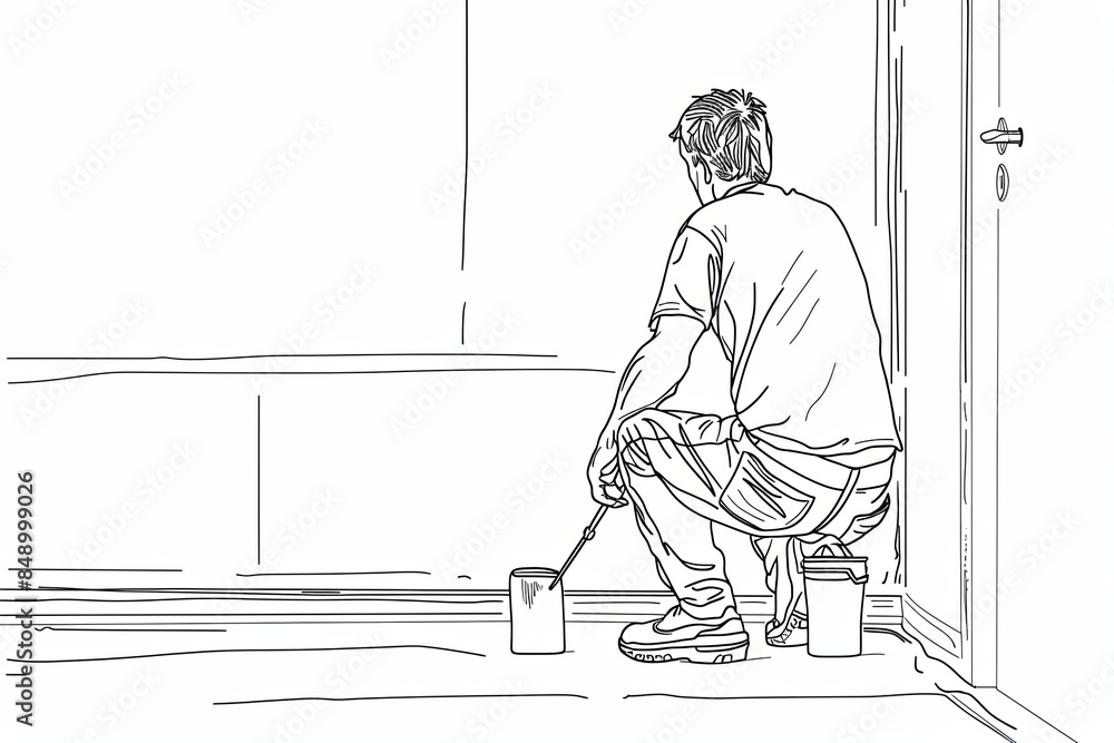 Leinwandbilder a continuous line drawing illustration depicting a painter crouched down while using a paint roller 