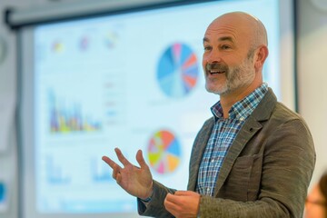 Man giving a presentation with pie charts in the background, discussing data analysis.