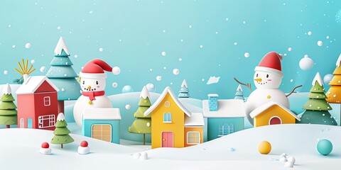 Fototapeta premium 3d, a greeting card with houses and trees in the snow, colorful cartoon illustration of smiling characters, bold lines, simple shapes, flat design, textured illustrations, Christmas theme,