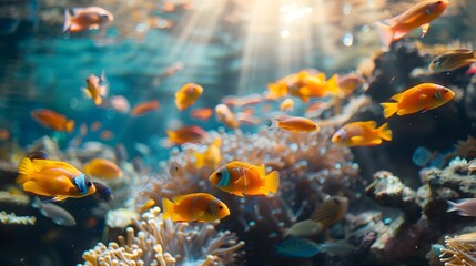 Obraz premium Vibrant Underwater Marine Life Teeming with Colorful Tropical Fish Amid Lush Coral Reef in Blue Ocean