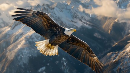 Obraz premium Majestic Bald Eagle Soaring High Over Rugged Mountain Peaks Symbol of Strength and Freedom