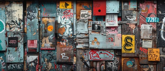 Closeup of graffiti tags and stickers on a weathered wall, rich in texture and colors, showcasing urban street culture