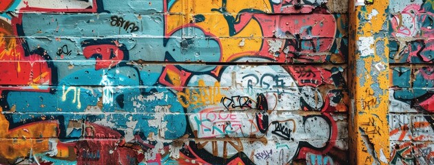 Closeup of graffiti tags and stickers on a weathered wall, rich in texture and colors, showcasing...