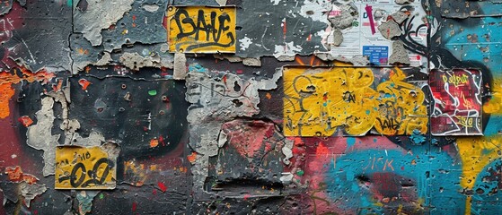 Closeup of graffiti tags and stickers on a weathered wall, rich in texture and colors, showcasing urban street culture