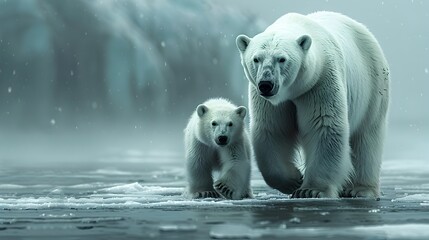 Polar Bear Mother and Cub Navigating Icy Arctic Landscape Tender Wildlife Moment