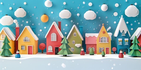 Obraz premium 3d, a greeting card with houses and trees in the snow, colorful cartoon illustration of smiling characters, bold lines, simple shapes, flat design, textured illustrations, Christmas theme,