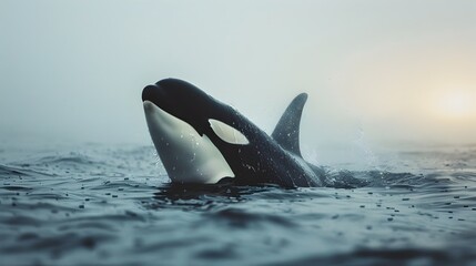Obraz premium A Sleek Orca Emerging from the Ocean Water Spraying from its Blowhole the Powerful Presence of a Marine Predator