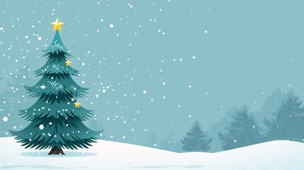 Fototapeta premium Christmas tree background with a simple design and copy space, Christmas trees with snow falling on them in the style of a cute cartoon, simple design with a light blue color scheme, green tree shape