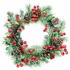 Fototapeta premium Watercolor clipart featuring a vibrant Christmas wreath