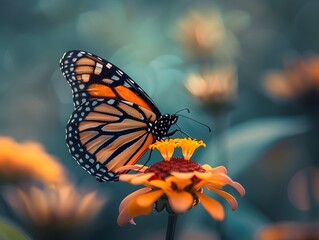 Fototapeta premium Monarch Butterfly Resting on Vibrant Orange Flower Symbol of Transformation and Beauty