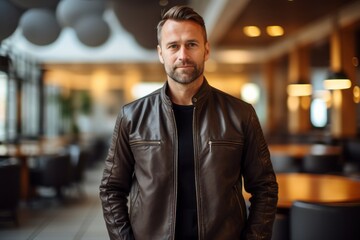 Fototapeta premium Portrait of a glad man in his 30s wearing a trendy bomber jacket isolated on scandinavian-style interior background