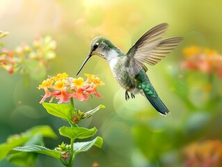 Fototapeta premium A Hummingbird Hovering Near Vibrant Flowers Capturing Delicate Grace in Motion