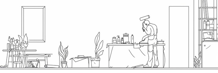Obraz premium A continuous one-line drawing depicts a painter working inside a house, preparing to paint a wall with a roller. Generative AI