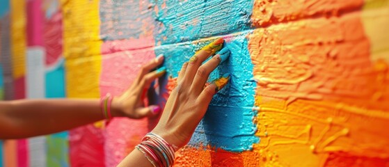 Fototapeta premium Closeup of hands creating graffiti art on a wall