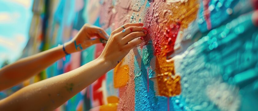 Closeup of hands creating graffiti art on a wall - Powered by Adobe