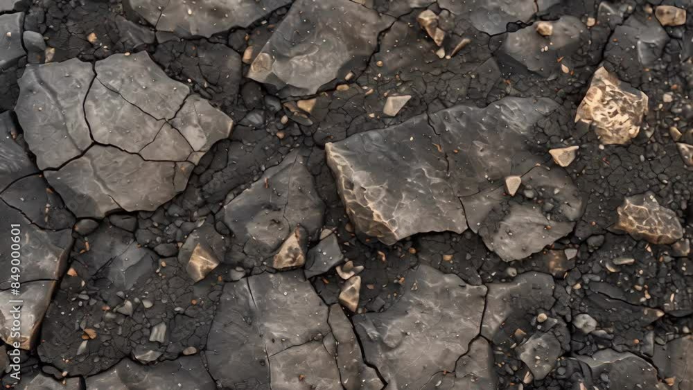 Poster a mottled surface with small tered chunks of broken asphalt mixed in with the intact pieces.