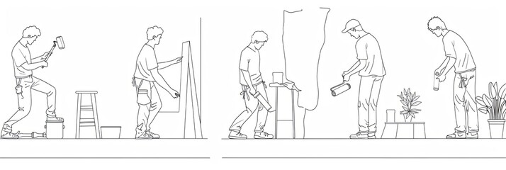 A single-line drawing depicting five home improvement workers engaged in various tasks, including painting, decorating, and repair. Generative AI