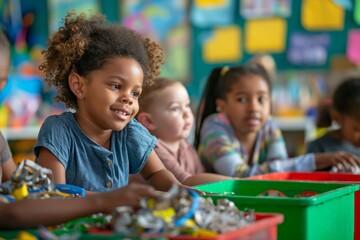 Group of diverse children smiling and engaging in activities at a colorful classroom with educational posters in the background.