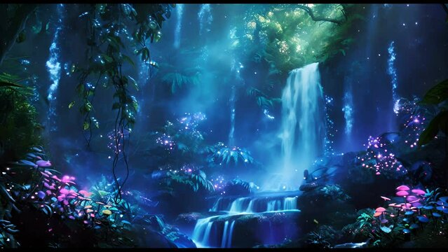 A beautiful blue forest with a waterfall and a stream. There are many flowers and butterflies in the scene
