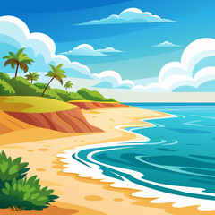 Tropical beach vector illustration with palm trees, sand, and ocean waves under sunny sky with clouds. Cartoon style background. Summer vacation and travel concept for poster, banner, and card design.