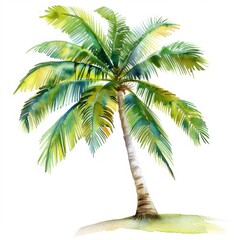 Obraz premium Vibrant watercolor clipart of a single tropical palm tree isolated on a white background, perfect for tropical-themed designs