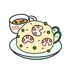 海老がたっぷり入ったチャーハンとスープセットの線画イラスト