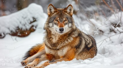 Obraz premium Wolf on white snow is a predatory animal Female wolf sitting on the snow