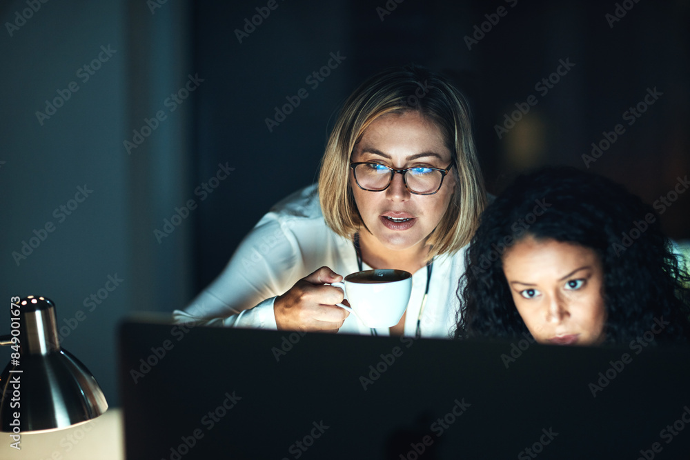 Poster night, working and business women with computer and tech for web design with collaboration and teamw
