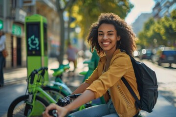 Fototapeta premium Young woman smiling and riding a green bike in the city, promoting eco-friendly transportation.