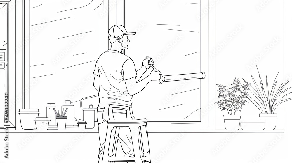 Poster a continuous line drawing of a painter working on a window in an apartment. he is standing on a stoo