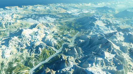 Aerial view of a majestic glacier winding its way through rugged mountain terrain