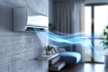 Air conditioner (AC) indoor unit  with cold air flow. Ai generative