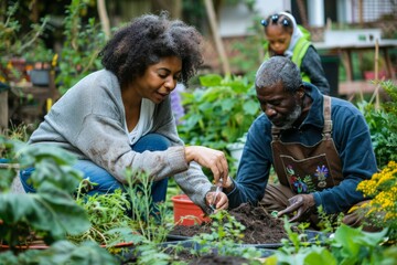 An elderly man teaching a young girl gardening techniques in a lush green garden, sharing knowledge and bonding over plants.