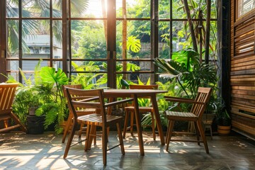Obraz premium Beautiful indoor wooden terrace with garden furniture surrounded by greenery on a warm, summer day with warm sun light
