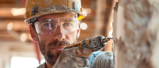 Construction worker drilling into a wall with a power drill, focused expression, safety goggles on