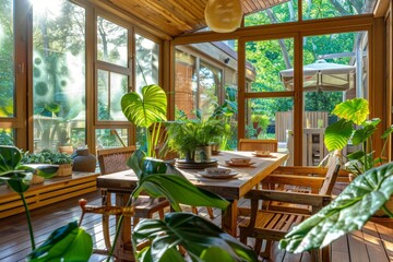 Fototapeta premium Beautiful indoor wooden terrace with garden furniture surrounded by greenery on a warm, summer day with warm sun light