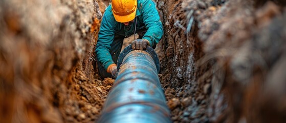 Construction worker in a trench laying pipes