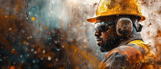 Construction worker in safety gear inspecting blueprints on a construction site with steel frames in the background, clear blue sky above