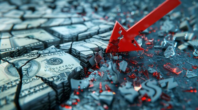 A surreal 3D scene featuring a red arrow emerging from a cracked financial platform, with shattered dollar signs and euro symbols strewn across the ground.