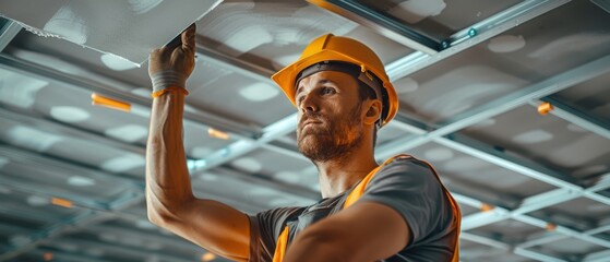 Construction worker installing ceiling tiles