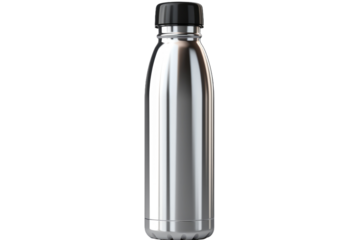 The Silver Cyclone: A Stainless Steel Water Bottle in Motion on a Clear PNG or White Background.