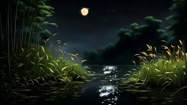 A beautiful lake scene at night, with the moonlight The calm water surface reflects the soft sparkle of the moon, and the green grass around it. Seamless looping 4k time-lapse animation video backgrou