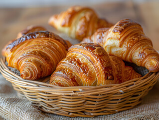 a basket of croissants on a table. The croissants are golden-brown and flaky.