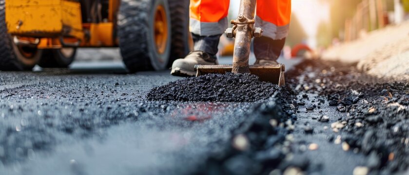 Construction worker laying asphalt on a road, steamroller in the background