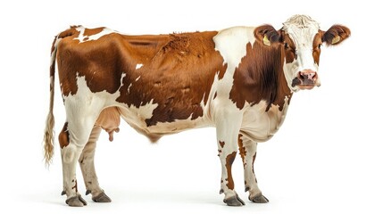 A brown and white dairy cow standing on a white background, showcasing its side profile and distinct markings.