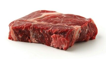 Fototapeta premium Close-up of a raw beef steak with marbling, showcasing its rich red color and fresh texture, ideal for cooking or grilling.