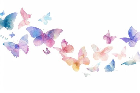 Fototapeta Light colored butterflies flying in a curved line on a white background, concept for card, with copy space for text